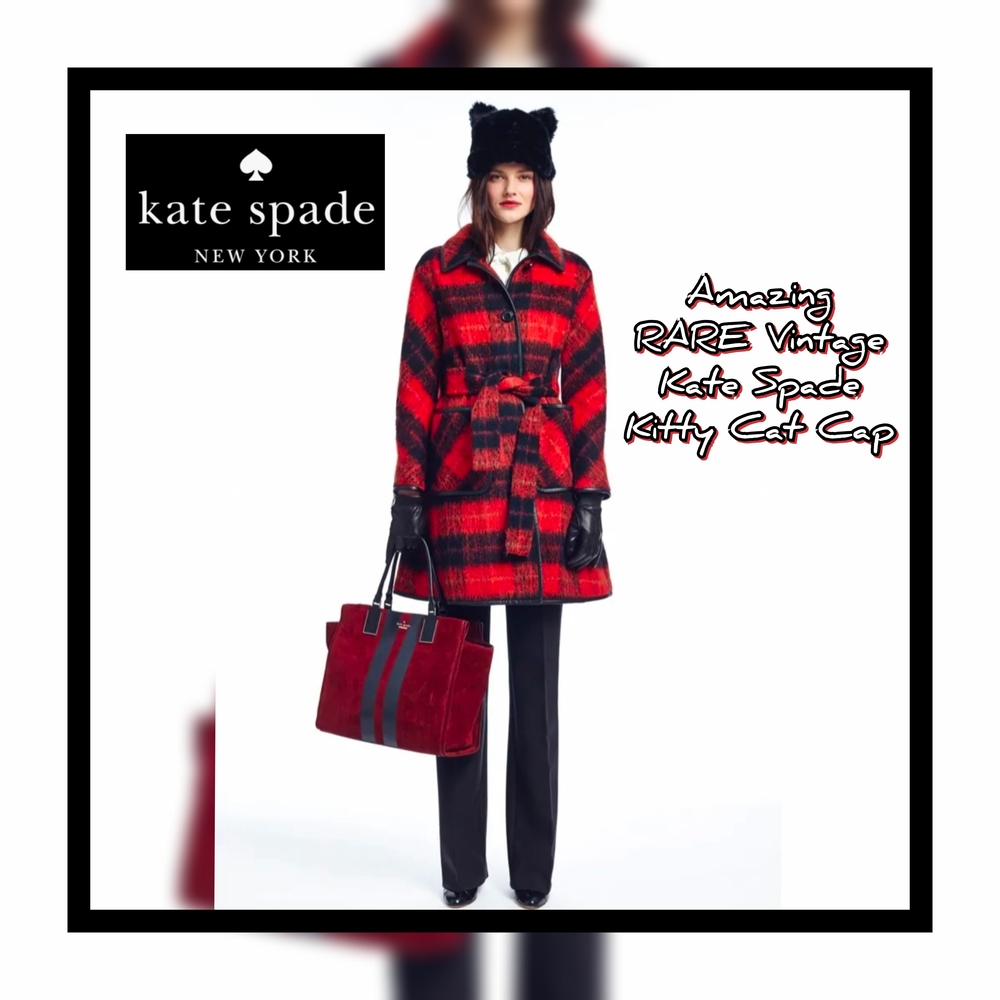 😻 Amazing & RARE Vintage Kate Spade 2015 Fur Structured Kitty Cat Cap 😻
